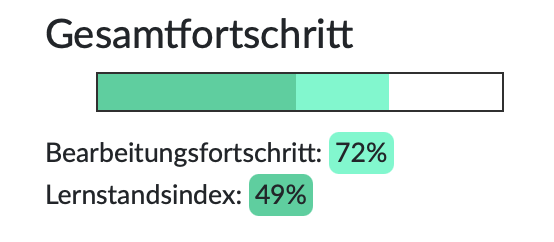 Screenshot des Lernstandsindex mit Gesamtfortschritt und Bearbeitungsfortschritt